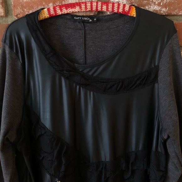 Caty Lesca Lagenlook Faux Leather Asymmetrical Long Sleeve Swing Top - Picture 3 of 6